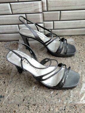 Grey Sequined Strappy Open Toe Evening Heels